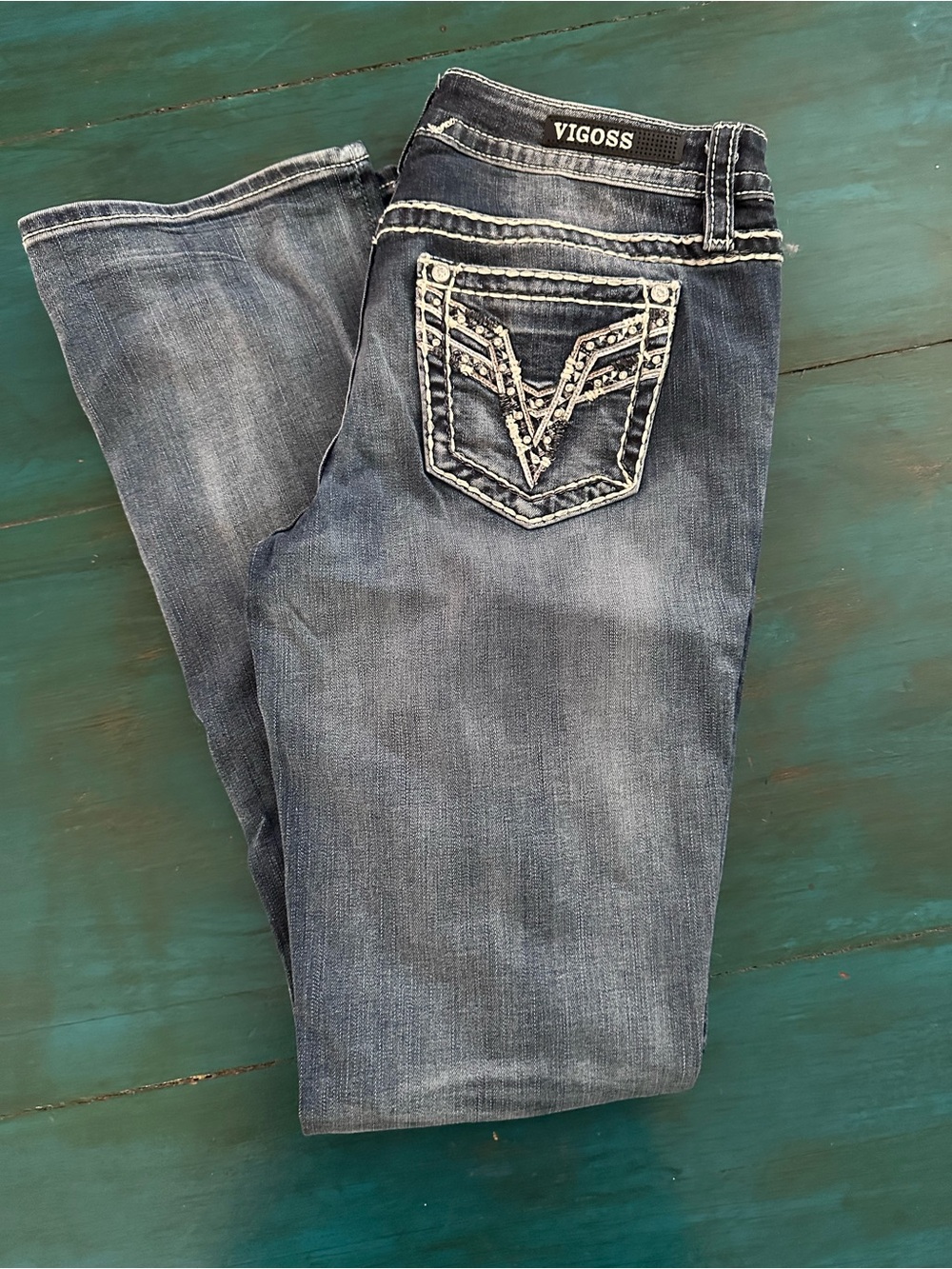 Vigoss Distressed Embellished Back Pocket Jeans - Blue